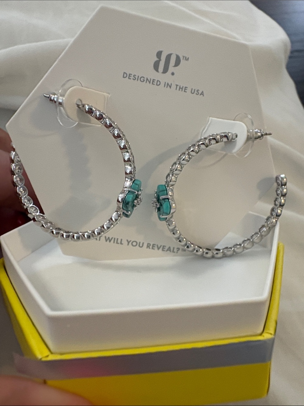 Silver Hoop Earrings with Turquoise Accent